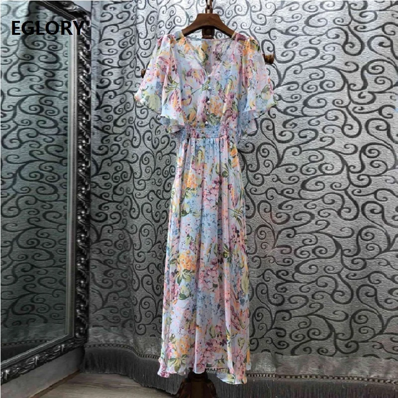 

Top Quality New 2019 Summer Long Dress Women V-Neck Exquisite Print Vintage Buttons Butterfly Sleeve Casual Beach Maxi Dress