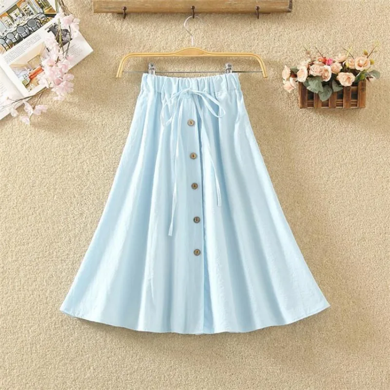 Летние повседневные эластичные юбки с высокой талией женские повседневные свободные плиссированные юбки до колена на пуговицах