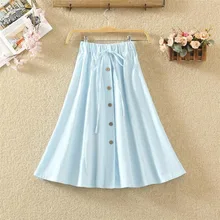 Летние повседневные эластичные юбки с высокой талией женские повседневные свободные плиссированные юбки до колена на пуговицах
