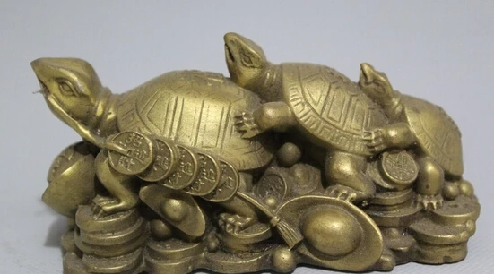 

free Folk Chinese Pure Brass Longevity 3 Shou Sea Turtle Tortoise YuanBao Coin Statue fast