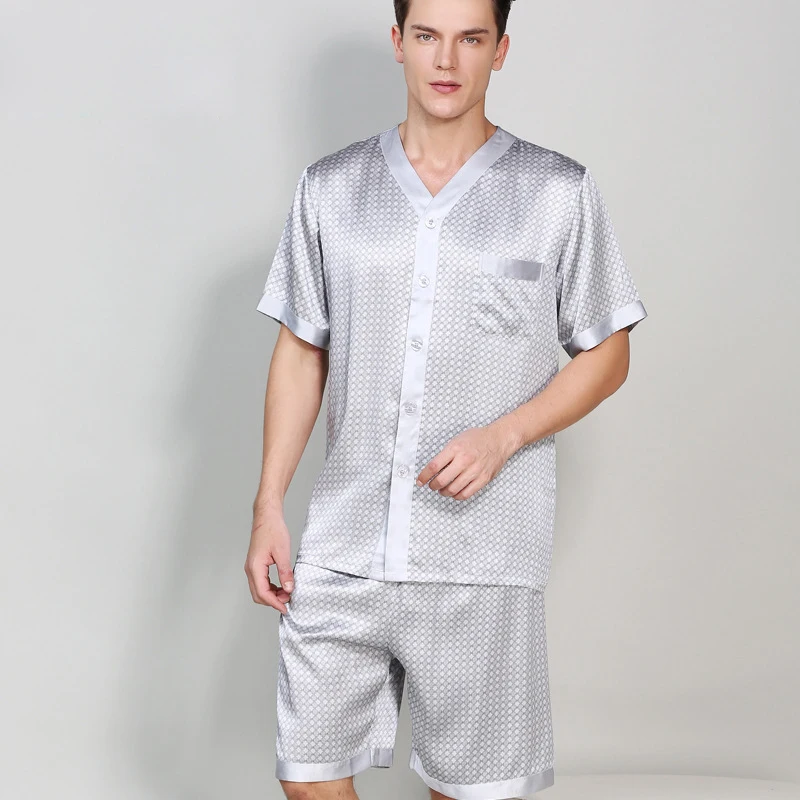 Натуральной шелковой короткие пижамные комплекты мужские короткие рукава благородные пикантные мужские комплект одежды для сна мужские пижамы hombre Летний