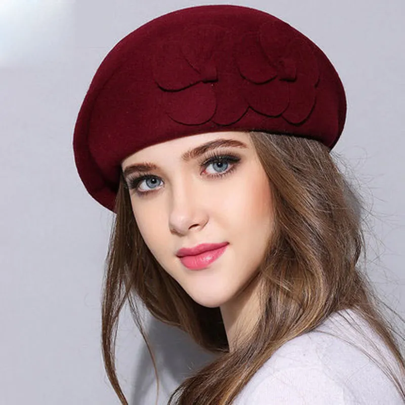 Zasy Women Solid Color Beret Wool French Beanie Cap Hat Handmade Wool Felt Flower