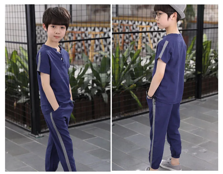 kids 2pcs sets solid o-neck cotton linen tops t shirts for boys sport suits fashion boys clothes children summer 2018 clothing (11)