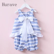 Hurave Enfants Vêtements 2017 Casual Bébé Filles Ensembles Rayé Peter Pan col Fille Chemises + Shorts Costumes Enfants Vêtements d’été