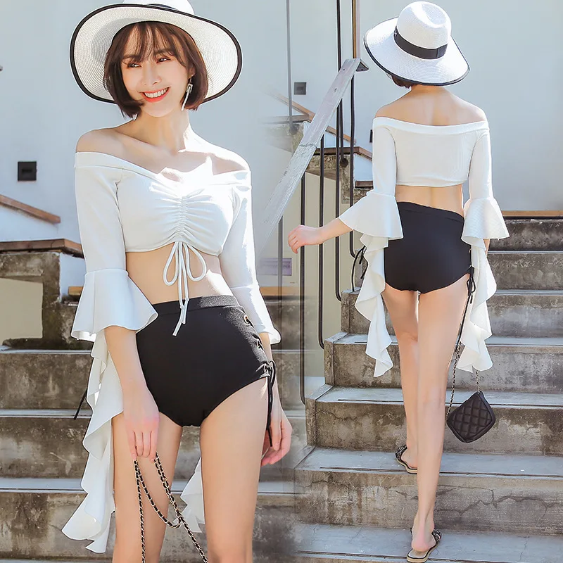 

For Women's Push-Up Swimsuit Tankini Swimwear 2019 Women Girls New Retro Korean Foam Long Sleeve High Waist Split Animal Spandex
