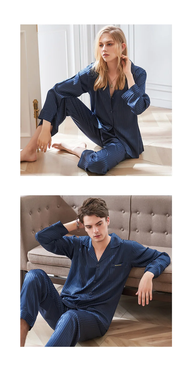 CherLemon пара Премиум атласные пижамы мужские Классические Осенние с длинными рукавами Нотч пижамы с воротником Женская темно-синяя Полосатая Шелковая пижама набор
