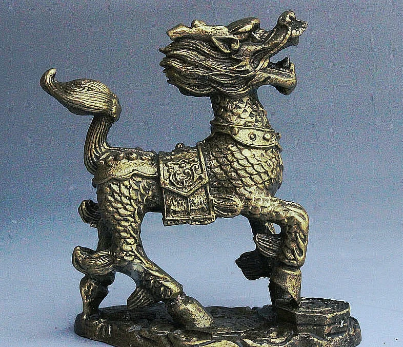 

Old China Folk FengShui Brass Wealth Beast Kylin Qilin On Eight Diagrams Statue
