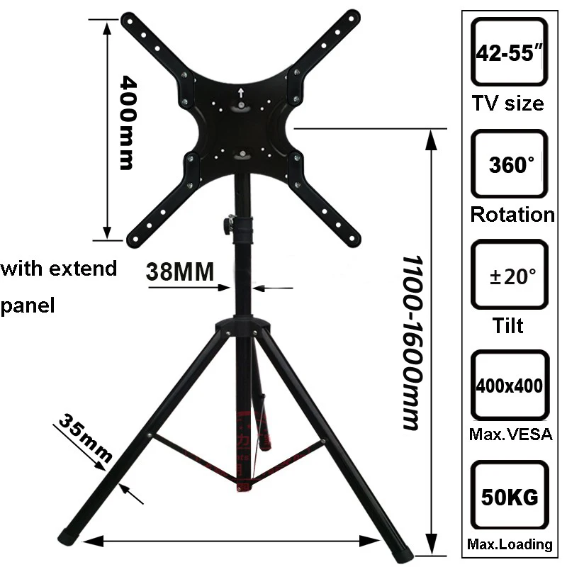 DLS-10AL 1"-55" с регулировкой по высоте, 50 кг наклон ЖК-дисплей плазменный телевизор напольный штатив-Трипод стойка VESA 400X400 цвет синий, черный; Большие размеры 34–43 серебристо-желтый панель Держатель