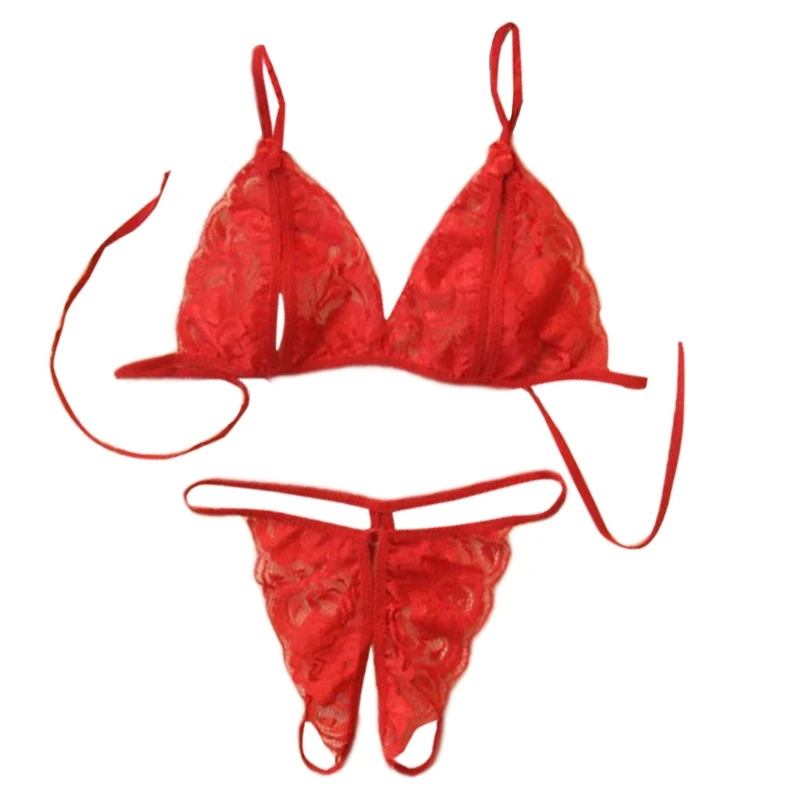 Womens Lingerie Lace Babydoll 2 Piece Bras Set With Bow Open Cup Crotchless Sexy Briefs