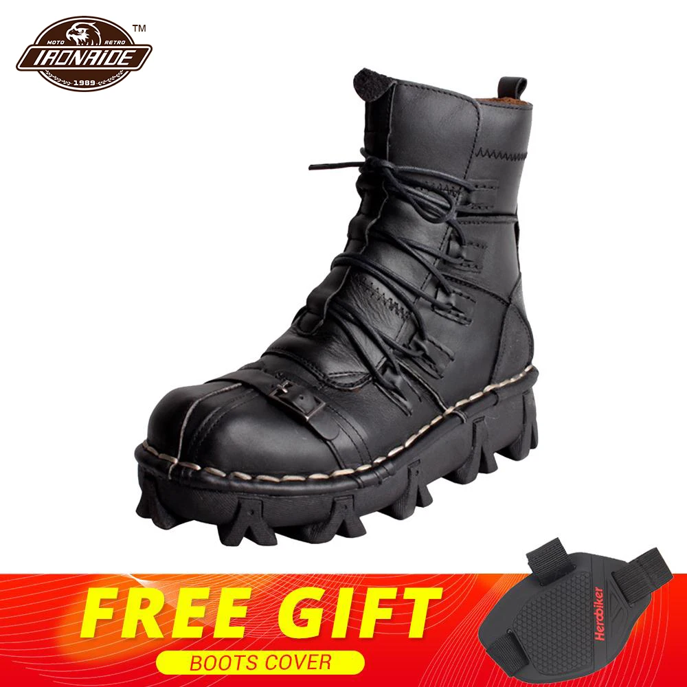 

New Motorcycle Boots Men Retro Genuine Cow Leather Skull Punk Martin Shoes Motorbike Biker Moto Boots Protective Gear EU 38-49