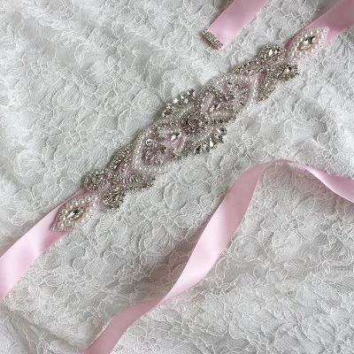 Жемчуг и Кристалл Свадебный Венчальный со стразами пояс и пояса(26x5 см - Цвет: pink