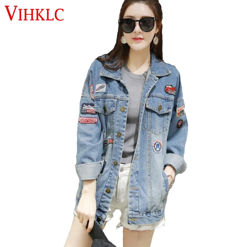 VIHKLC oversized denim jacket women Loose patches Badge ripped souvenir ...