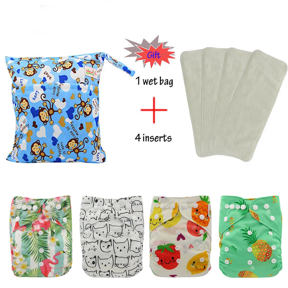 

OhBabyKa 8PCS Reusable Diapers Pocket Cloth Diaper Cover Couche Lavable 4PCS Baby Nappies + 4PCS 3Layers Microfiber Insert