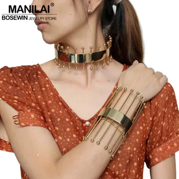 

MANILAI Gothic Statement Necklace Cuff Bangle Set Long Strip Weld Geometric Choker Bracelets Fashion Jewelry Sets For Women