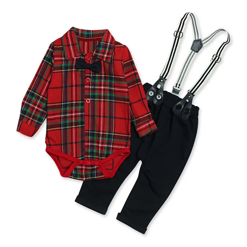 

Fashion Baby Boys Suits Plaid Infant Romper + Pants Spring Boy Set