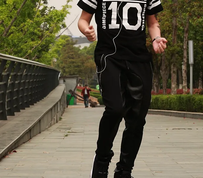 M-5XL! Мужская мода Улица хип-хоп кожа стерео лоскутное три-di мужские срезы здоровья брюки хип-хоп Размер