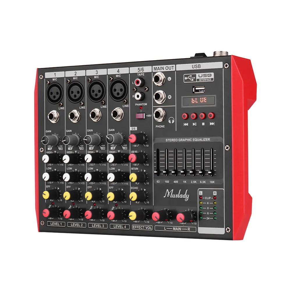 Muslady D6 Portable 6-Channel Mixing Console Mixer 7-band EQ Built-in 48V Phantom Power Supports BT Connection USB MP3 Player