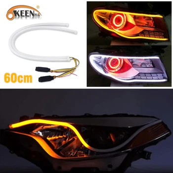 

OKEEN 2pcs 60cm Flowing Angel Eyes DRL Flexible LED Tube Strip White Amber Daytime Running Light Tear Turn Signal Car Styling