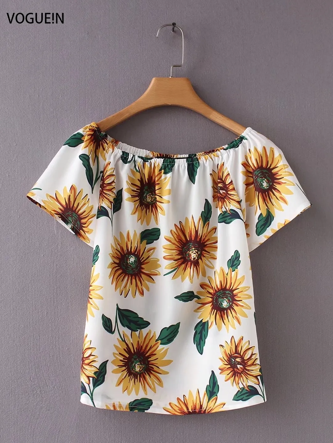 

VOGUEIN New Womens Slash Neck Sunflower Print Short Sleeve Pullover Blouse Tops Shirt Wholesale