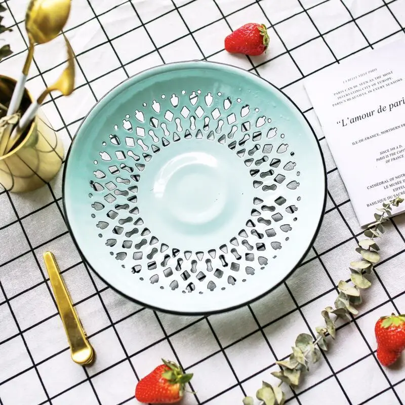 

Enamel Tray Fruit Plate Vegetables Plate Food Bakset Drain Bakset