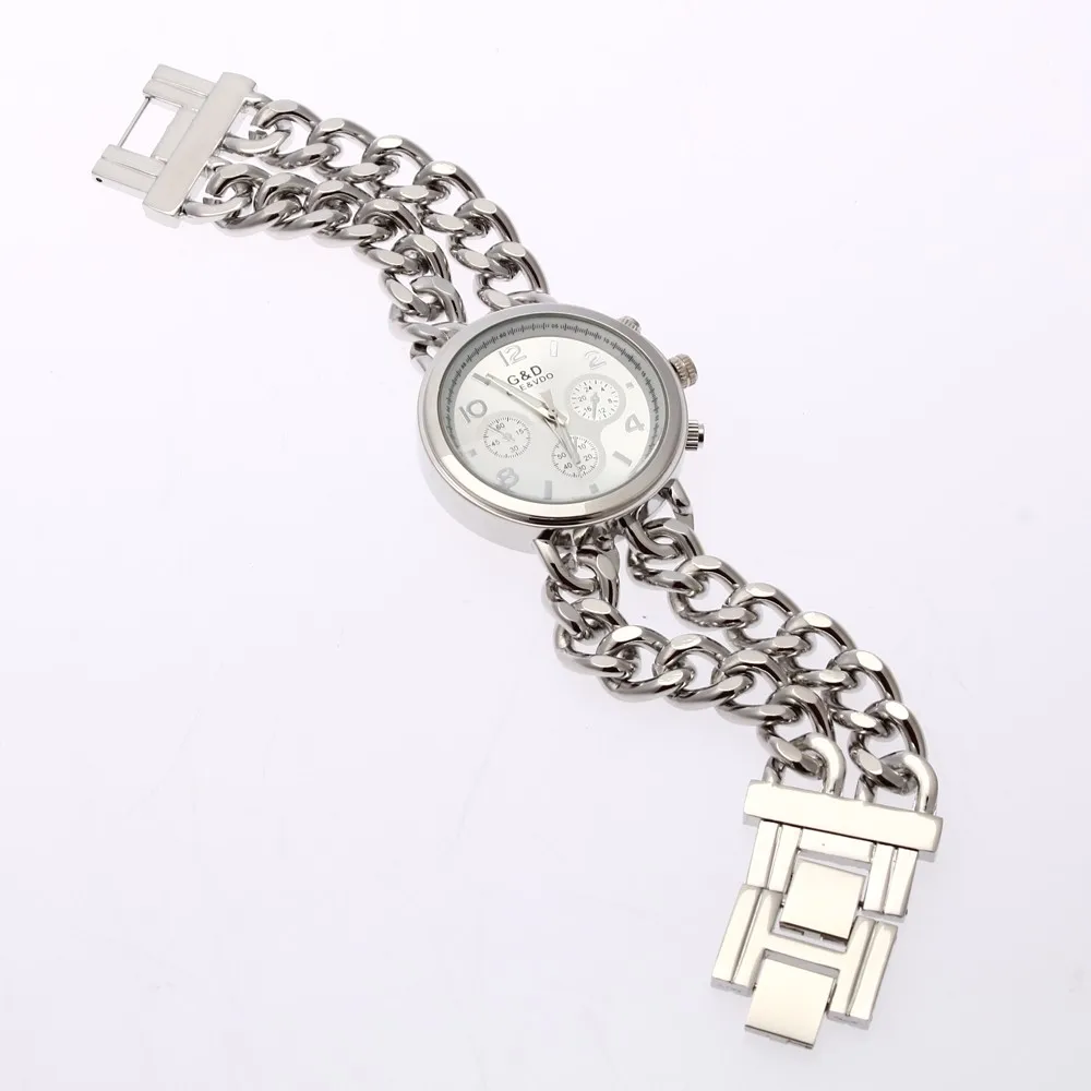 G& D женские часы с двойной цепочкой, серебро, нержавеющая сталь, ремешок, модные часы с тройным циферблатом, Кварцевые аналоговые наручные часы