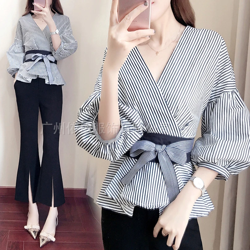 

Spring and summer new style Fashion temperament shirt + split wide-leg pants Korean fashion suit