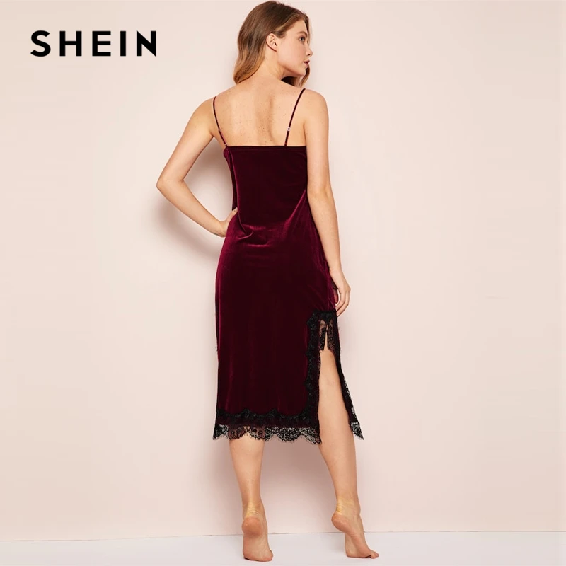 SHEIN Ночная Рубашка С Кружевной Отделкой, Длинная Бархатная Ночная Рубашка, Женская Элегантная Пижама С Отделкой