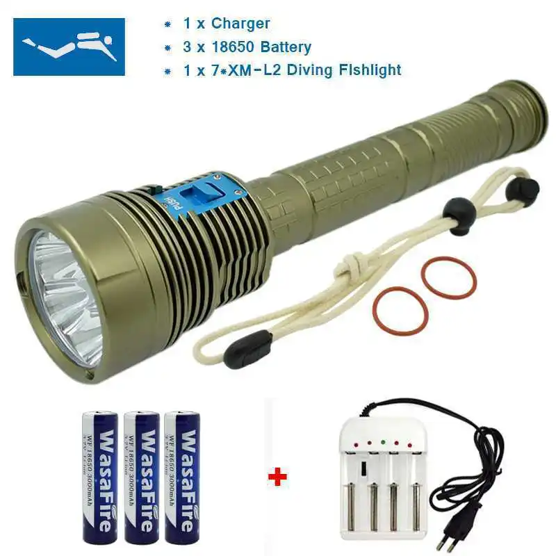 

Waterproof Torch 7 x XM-L2 18000 Lumen LED Diving Flashlight Underwater 100m Scuba Diver Lantern With 18650 Battery + Charger