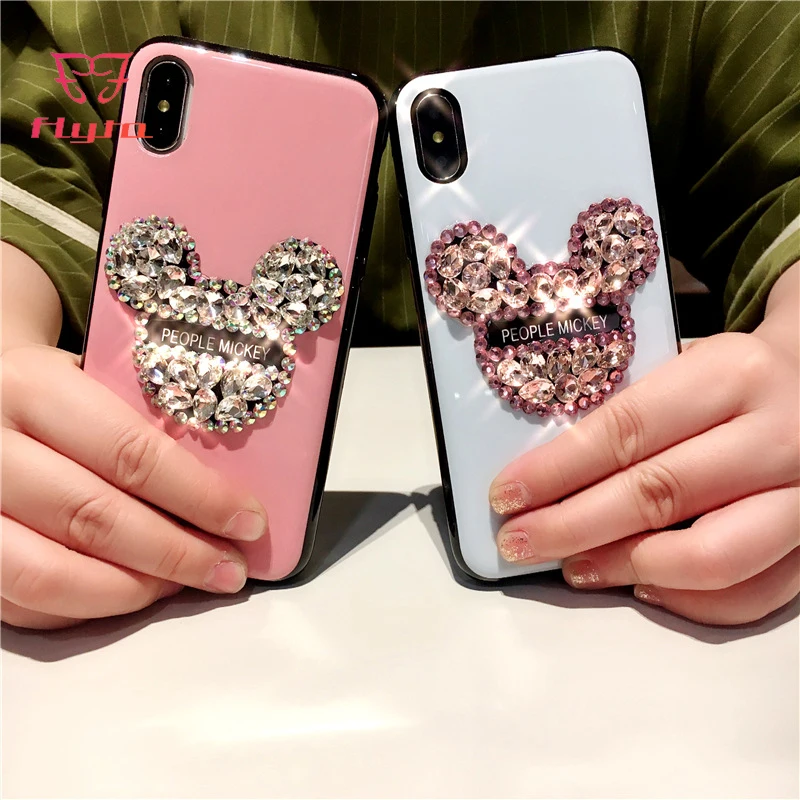 

FlyTo Case for IPhone 7 8 Plus Mickey Rhinestone Case Phone Bag Case for IPhone 6 6S Plus IPhone X Pouch Coque