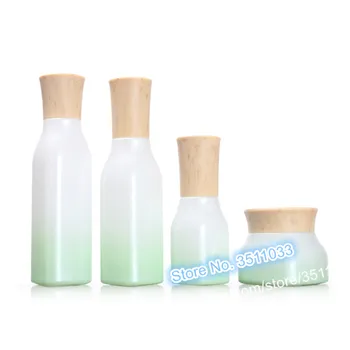 

Wooden Grain Square Shape Gradient Green Glass Cream Jar Cosmetic Spray Bottle Emulsion Container 40ml 100ml Lotion Pump Bottle