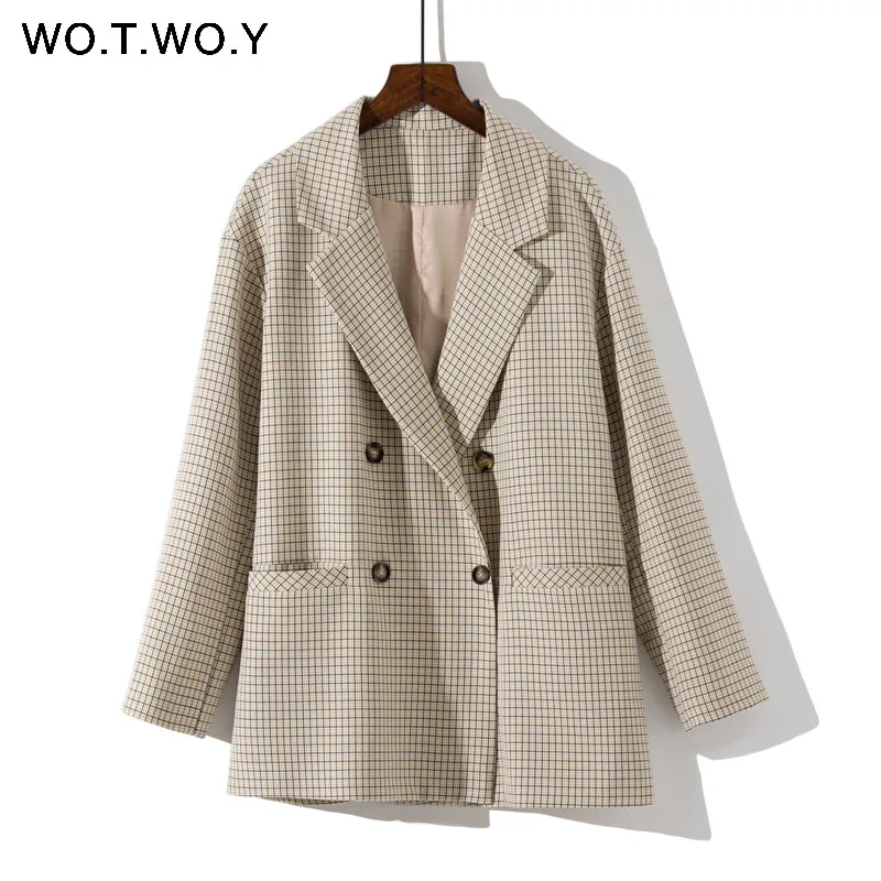 WOTWOY Double Breasted Plaid Blazer Women Khaki Pocket Long Sleeve Office Ladies Blazer Autumn Jacket Female Outerwear Coats