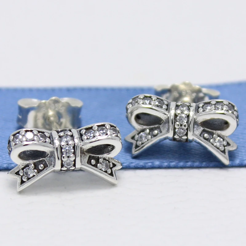 

ROCKART Standard 925 Sterling Silver Sparkling Bow Stud Earrings With Clear CZ For Women Fine Jewelry Wholesale Gift