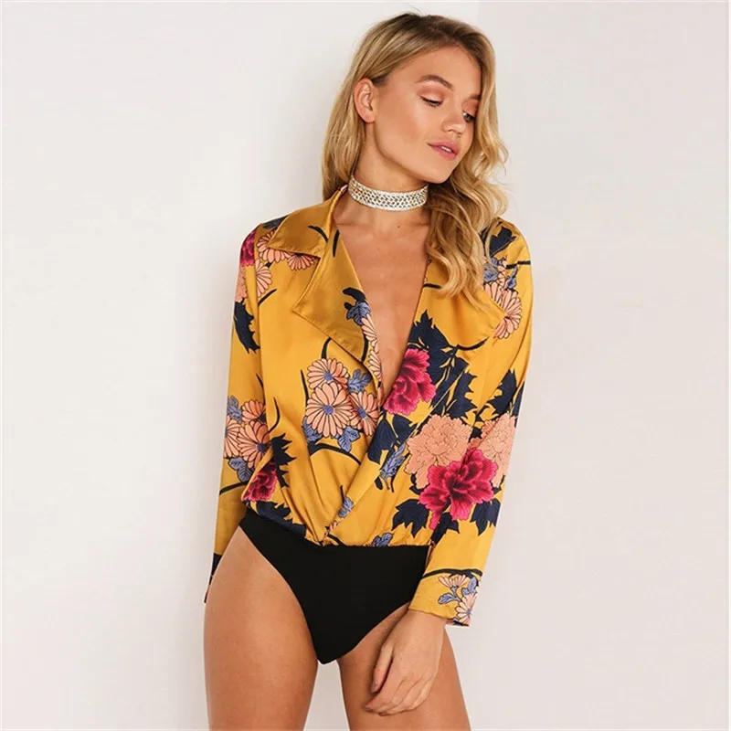2020 Autumn Floral Print Bodysuit Women's Rompers Overalls for Elegant Short Imitation Silk Jumpsuit Black Long Sleeve Coveralls | Женская