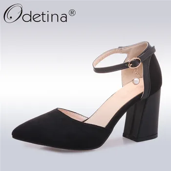 

Odetina 2019 New Fashion Women Pumps Pointed Toe Ankle Strap Pearl Decoration Elegant High Heels Shoes for Female Big Size 32-46