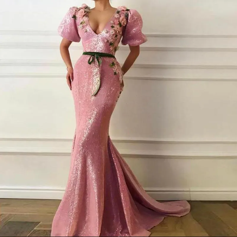 Новое поступление, розовые пышные платья с объемным цветком для выпускного вечера, элегантные вечерние платья с коротким рукавом, длинные платья Abendkleider - Цвет: Розовый