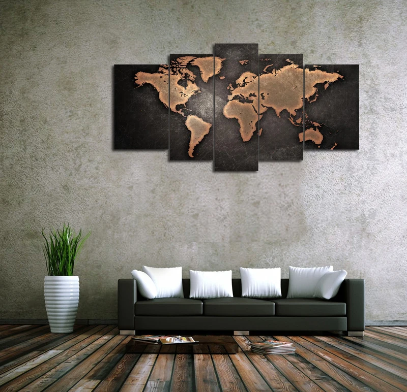 

Free shipping 5 panel large HD printed oil painting print art world map canvas home decor wall art picture for living room Decor