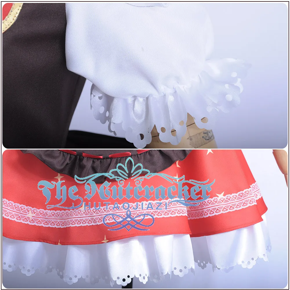 x_07Game LoveLive!Sunshine!! Aqours Bremen Band Kurosawa Dia Cosplay Costume Women Short Sleeve Dress Apron Red Skirt Socks Hairpin (7)
