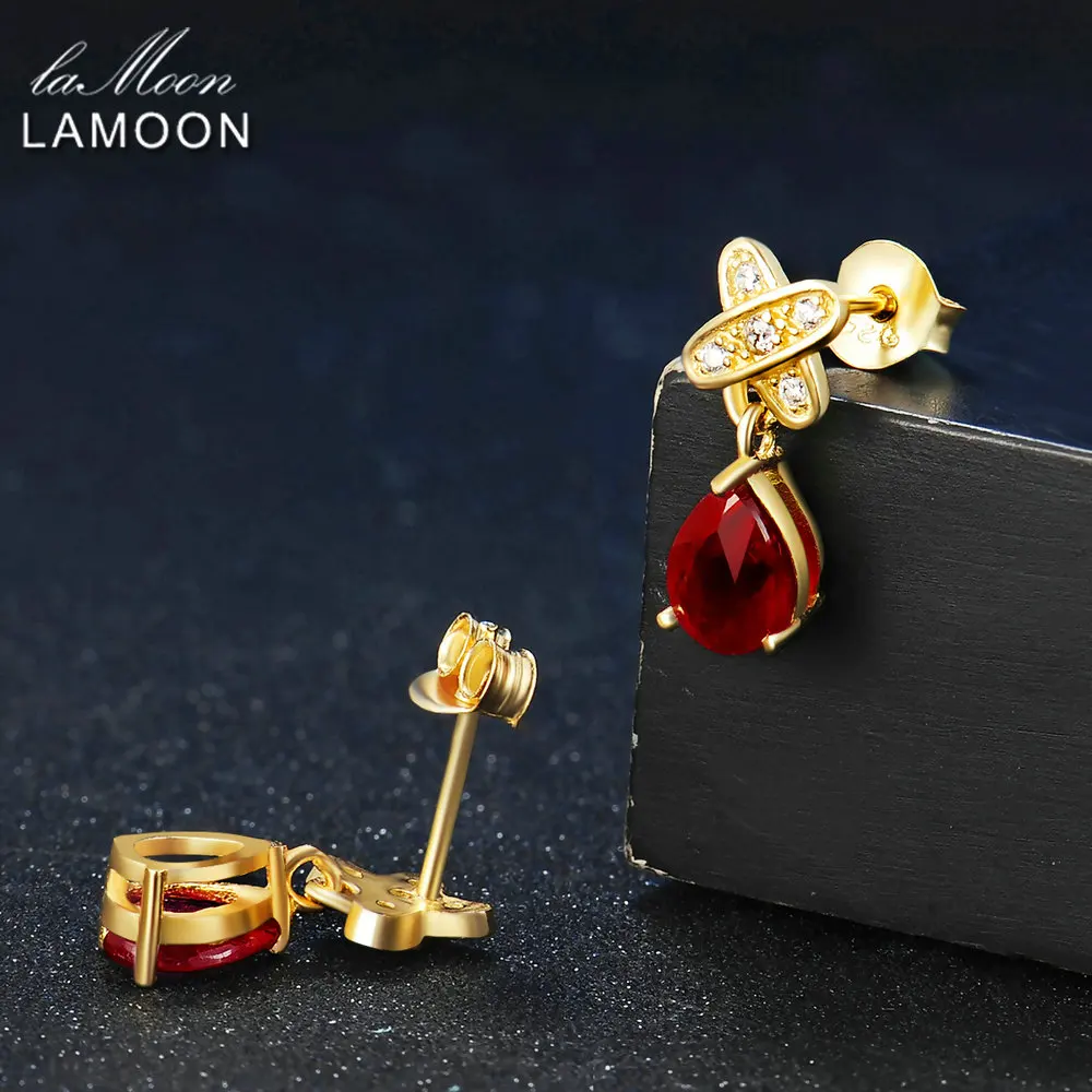 LAMOON Teardrop 5x7mm 2ct 100% Red Ruby 925 sterling-silver-jewelry Stud Earring S925 LMEI050