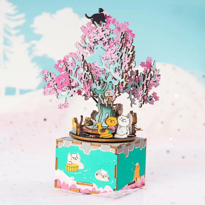 Robotime DIY Wooden Music Box 3D Wooden Puzzle Assembly Model Building Kits Toys for Girls Birthdays Gift AM409