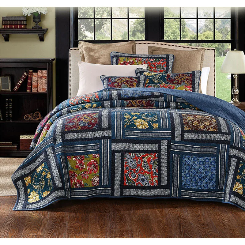 CHAUSUB Vintage Cotton Quilt Set 3pcs Coverlet Handmade Patchwork