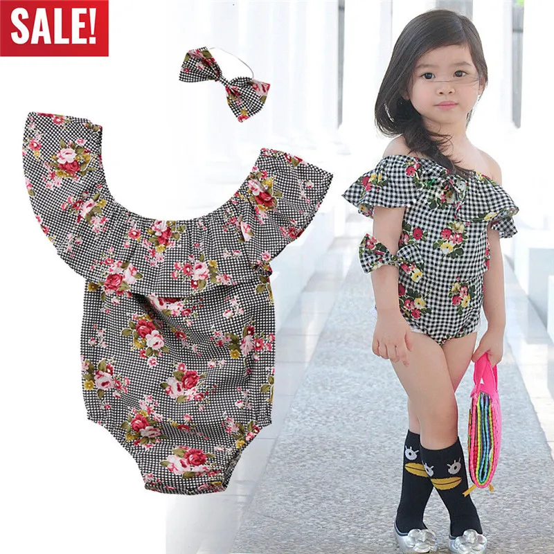 

2018 Newbron Clothes baby girl summer bodysuit cotton slash neck clothing Plaid ruffles bodysuits With Headband
