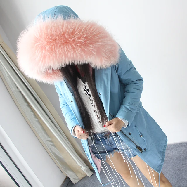 Best price at $154 Cheap Women's Fashion Large raccoon fur collar long hooded coat parkas outwear High imitation fur lining winter jacket outdoors