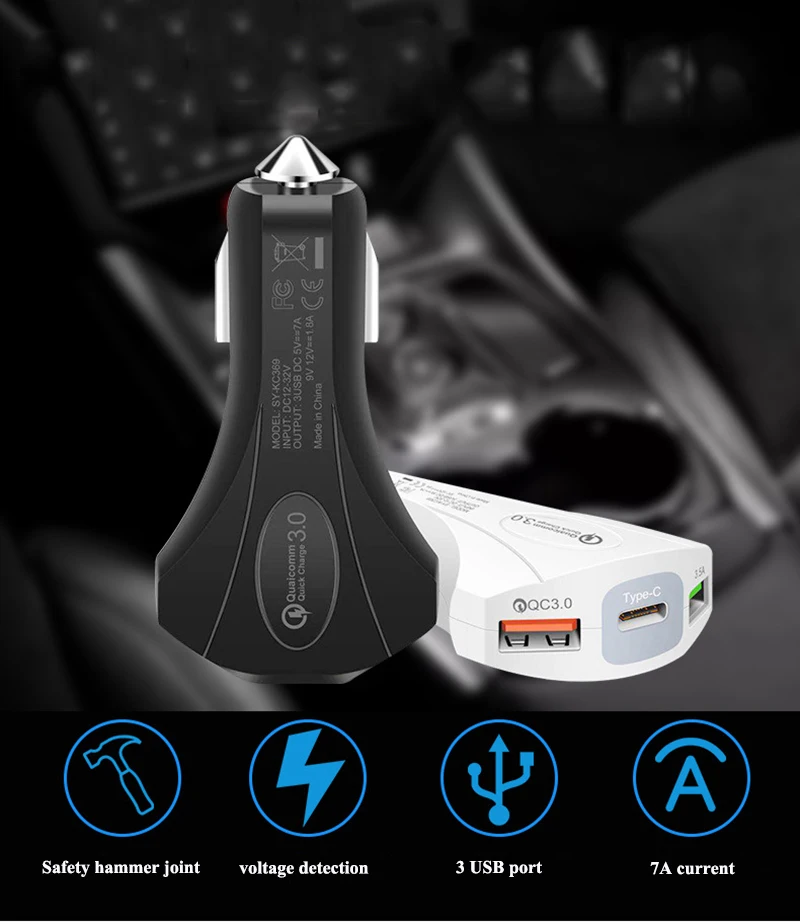 06QC3.0 Fast Charge Car Charger 3 Port Type-C QC3.0 3.5A Port Car Mobile Phone Adapter