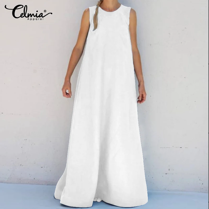 

Plus Size Women Maxi Long Dress Summer 2019 Celmia Casual Solid Sundress Loose Round Neck Sleeveless Sundress Plus Size Vestidos