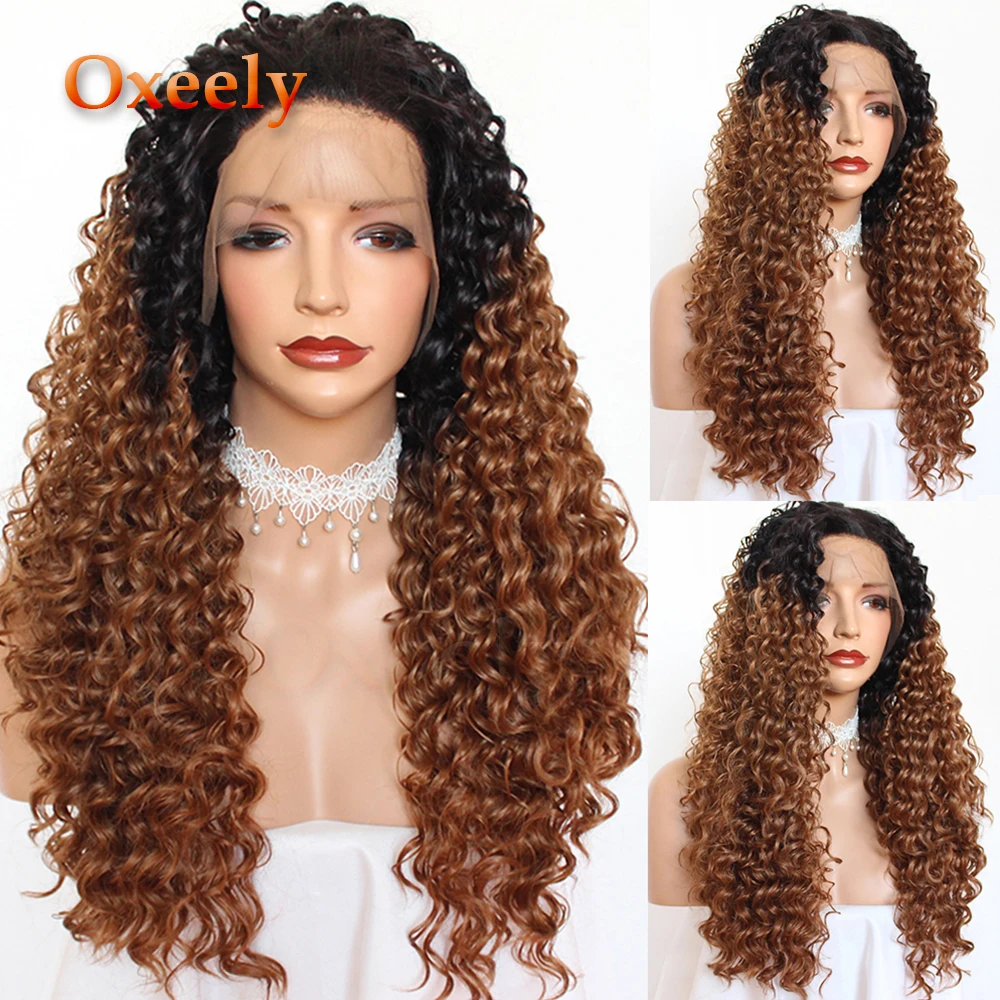 Oxeely Natural Brown Kinky Curly Wig Synthetic Lace Front Wig 1B/30