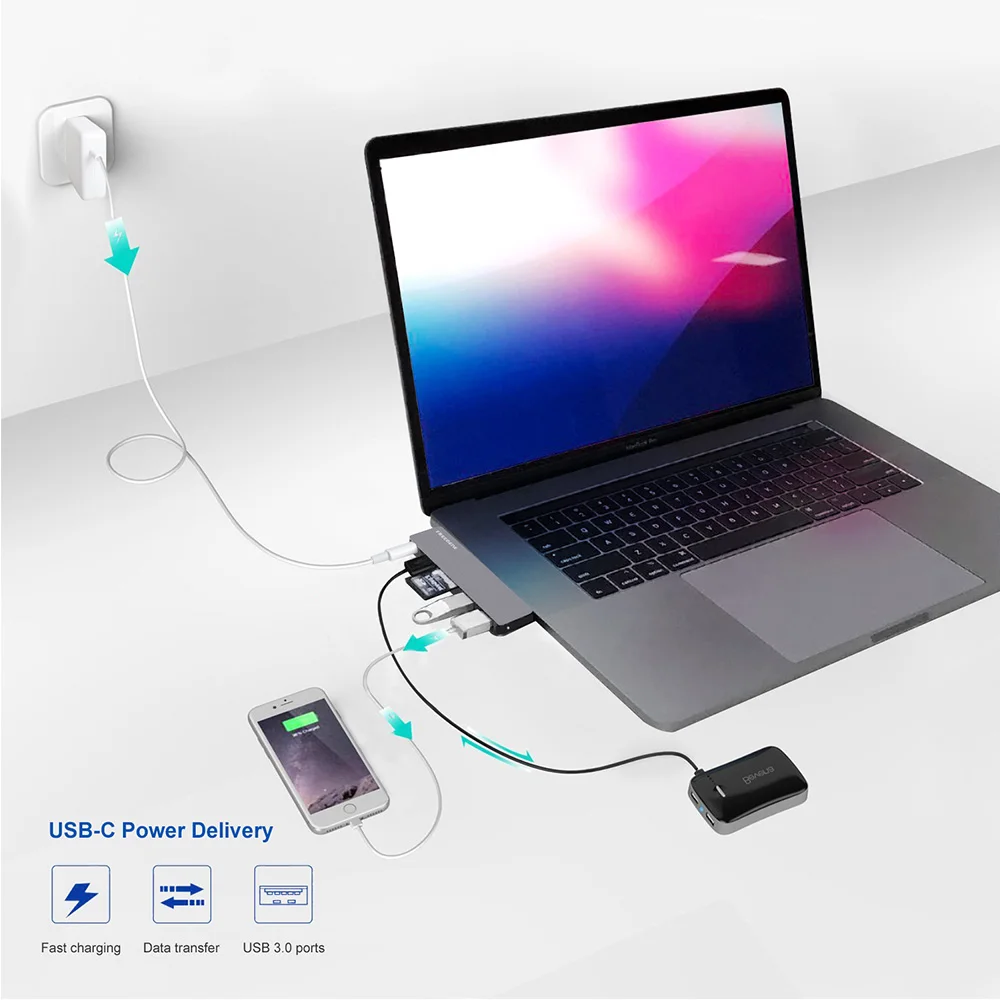 Алюминиевый USB C концентратор с TF/SD кард-ридером 2 USB 3,0 порт type C разветвитель адаптер для Macbook Pro 13 15 USB-C питания