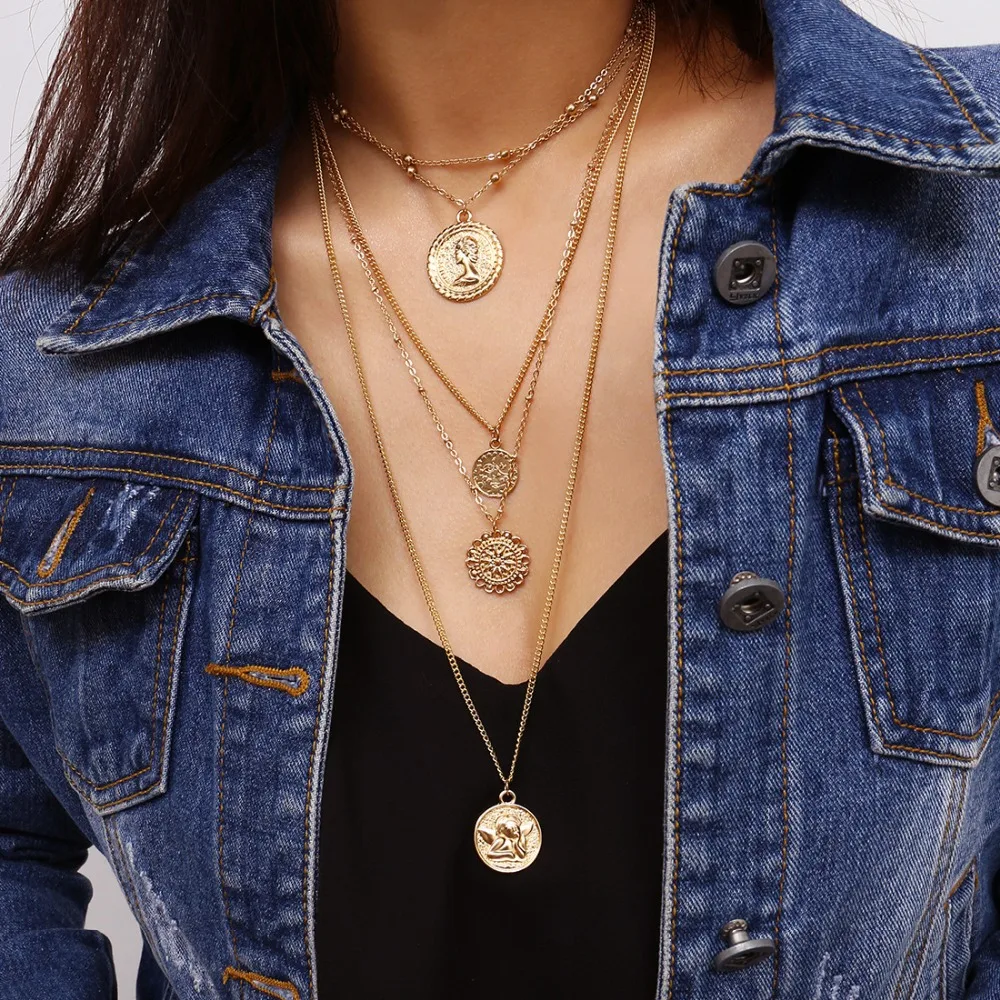

2019 Four Gold Layered Chain Coins Necklace Hammered Disc Round Sequin Coin Necklace for Women Fashion Bridal Jewelry Gift