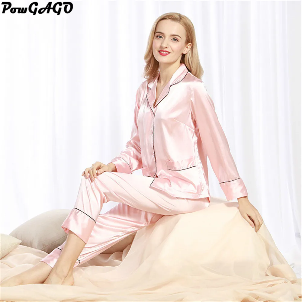 Womens Elegant Silk Satin Pajamas Set Spring Summer Long Sleeve Pajama