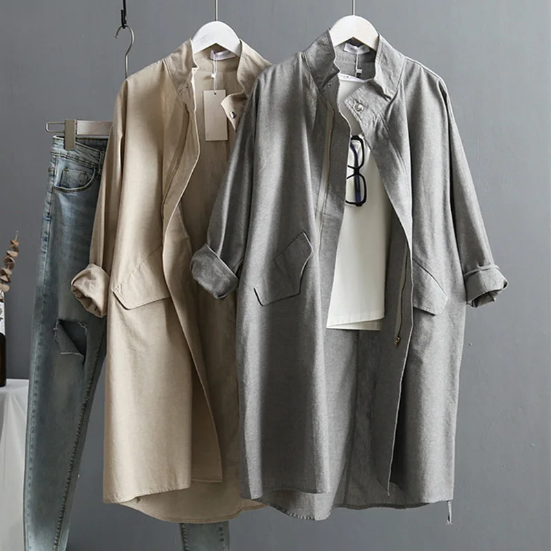 Women Cotton Linen Vintage Zipper Trench Coats Long Sleeve Zipper Turn Down Collar Ladies Coat 2019 Autumn Winter Streetwear Top