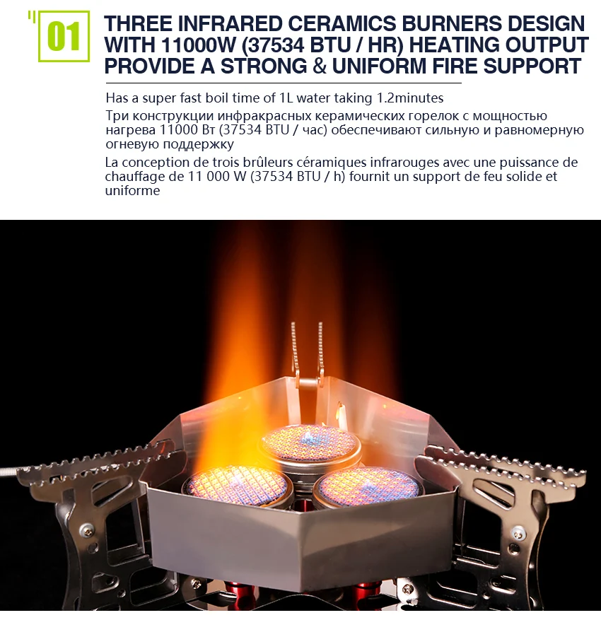 11000 Вт походная плита, 3 инфракрасные керамические горелки, ветрозащитная газовая плита, автоматическое электрическое зажигание, походная плита